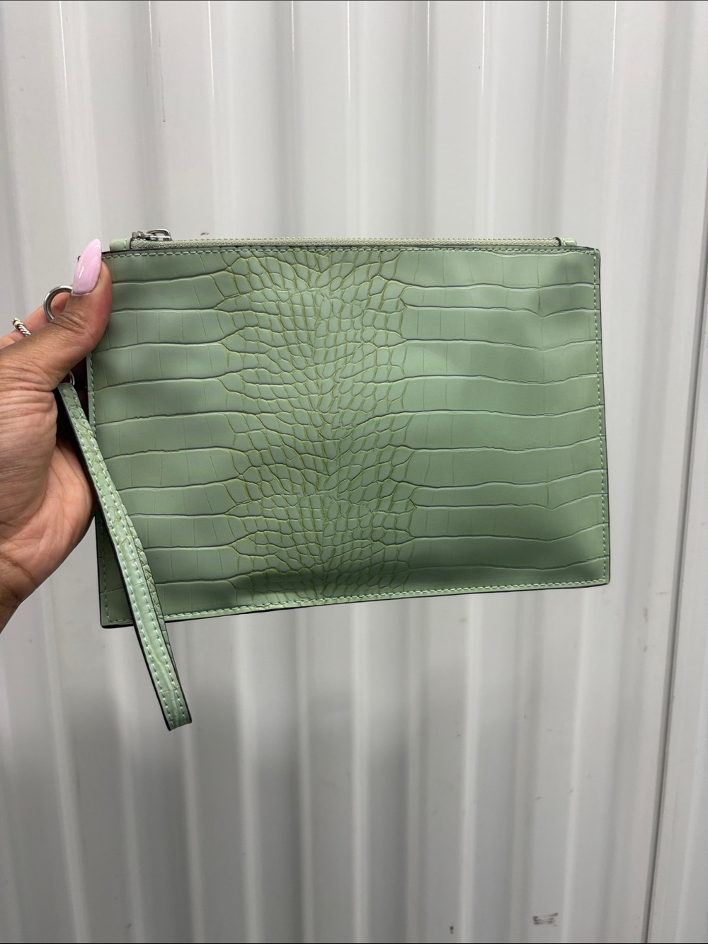 INC International Concepts Sage Green Croc-Embossed Wristlet Clutch